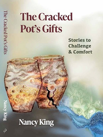 "The Cracked Pot's Gift: Stories to Challenge & Comfort" book cover with two pots, one of them is cracked and leaking water