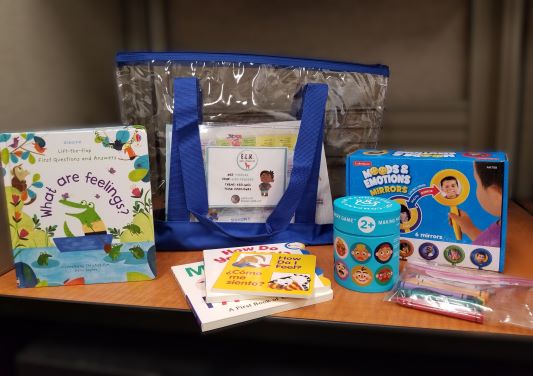 image of plastic bag used for early literacy kit, with toys and books 