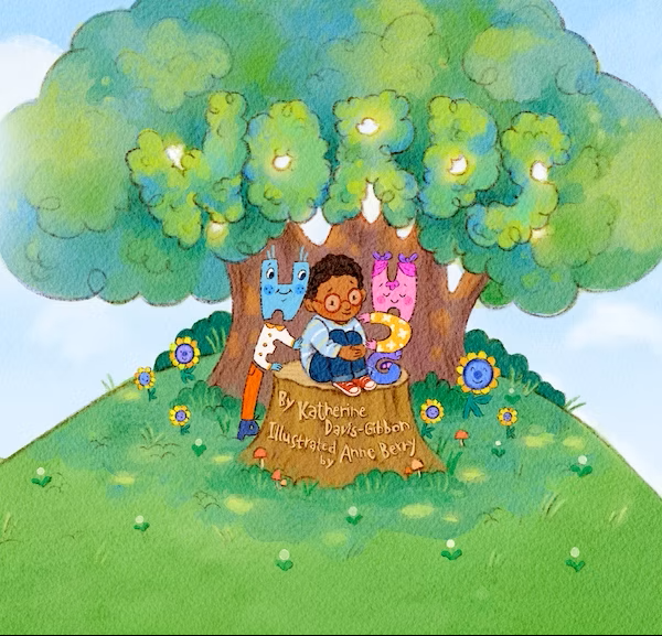 Image of book cover for "Words" a child sitting on a tree stump. 