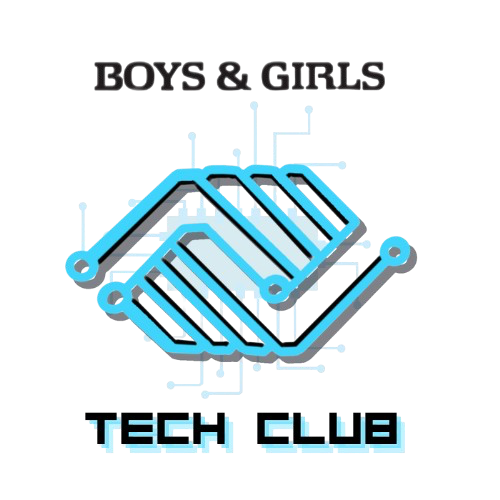 The logo for the Boys & Girls Tech Club features the text "BOYS & GIRLS" above a stylized handshake formed by blue circuit board lines, with "TECH CLUB" text below.