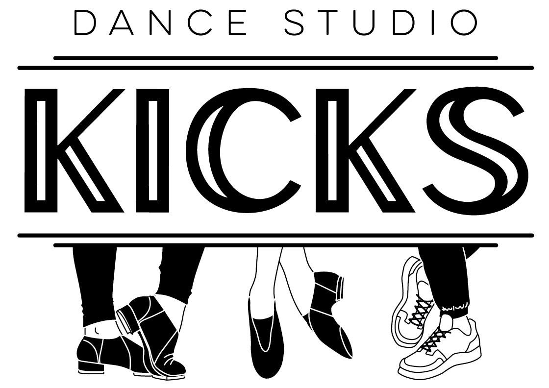 The logo for Kicks Dance Studio features the words "DANCE STUDIO" in thin uppercase letters above the bold, stylized word "KICKS". Below "KICKS", the lower legs and feet of dancers are depicted wearing tap shoes, ballet slippers, and sneakers.