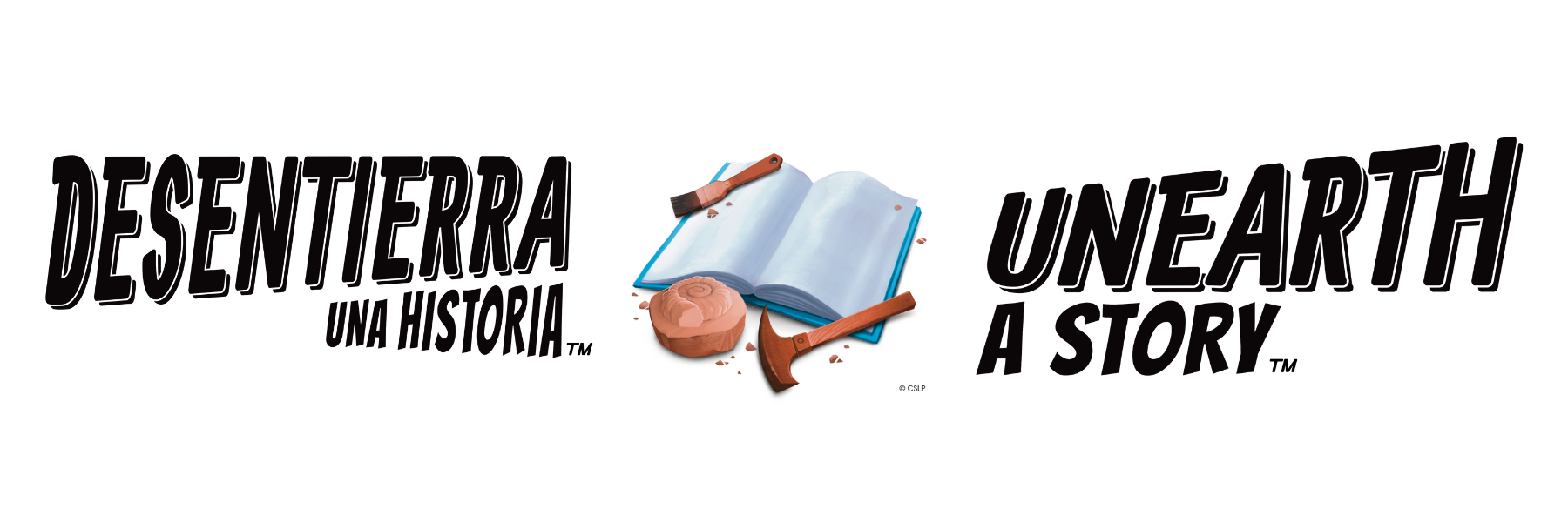 Text 'Unearth a Story' next to illustration of an open book with a brush, a fossil, and a rock hammer.