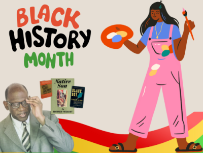 A person in a suit, tie,and glasses with three book covers in the background: "Go Tell It on the Mountain," "Native Son," and "Black Boy, and A person wearing pink overalls and holding a palette of paints and a paintbrush.