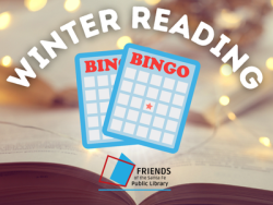 Winter Reading Bingo -text that reads "Winter Reading" curved over illustration of 2 bingo cards. Under the bingo cards is text that says "Friends of the Santa Fe Public Library".  All text and images are layered over a photo of an open book with string lights laid over it.