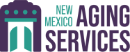 New Mexico Aging Services purple and teal logo of a building with open doors