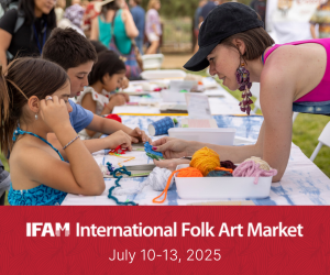 image of children making crafts outside, and the text "IFAM International Folk Art market July 10-13"