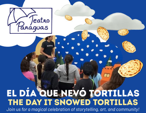 image of artist Ehren Natay speaking to a group of children with part of a mural in the background showing tortillas and an adobe  