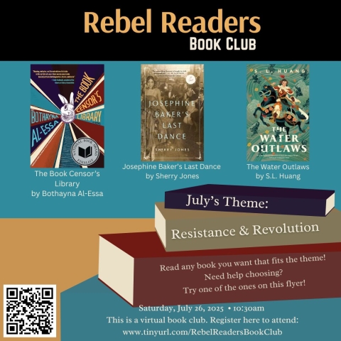 Flyer for Rebel Readers July 2025. All information is included in the event details.