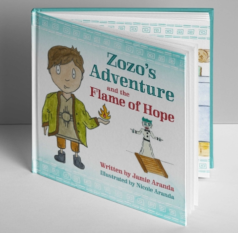 Image of book "Zozo's Adventure and the Flame of Hope" A young boy on the cover with a Santa Fe "Zia" shirt and Zozobra in the background