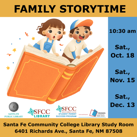 image of two kids flying on a book, with dates for three storytimes on Oct 18, Nov.15, and Dec. 13 at 10:30 am
