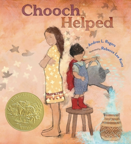 Book cover, "Chooch Helped" picture of a little powering water, while a girl stands behind him with her arms folded
