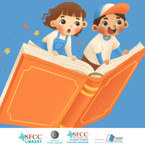 Graphic of children standing on a flying book. 