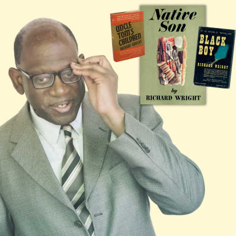Man in a suit and glasses and three book covers by the author Richard Wright