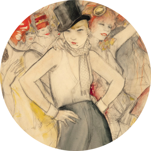 Jeanne Mammen painting of a lesbian women in 1920s men's clothes staring at the viewer with shoulders shrugged and hips cocked as flapper dances with/behind her
