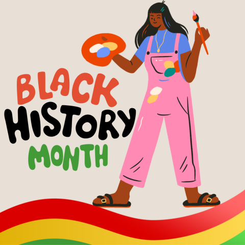 Graphic of a young person holding a paint palette and a brush with the words "Black History Month."