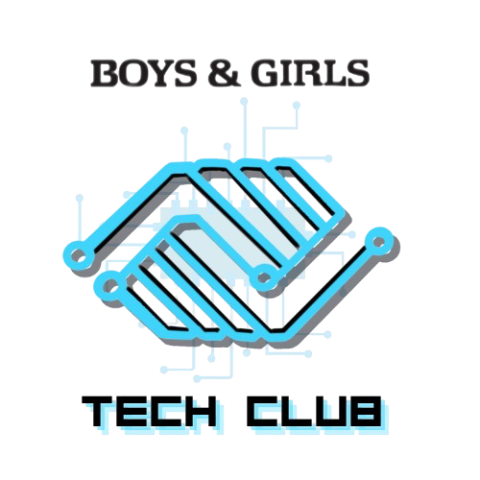 The logo for the Boys & Girls Tech Club features the text "BOYS & GIRLS" above a stylized handshake formed by blue circuit board lines, with "TECH CLUB" text below.