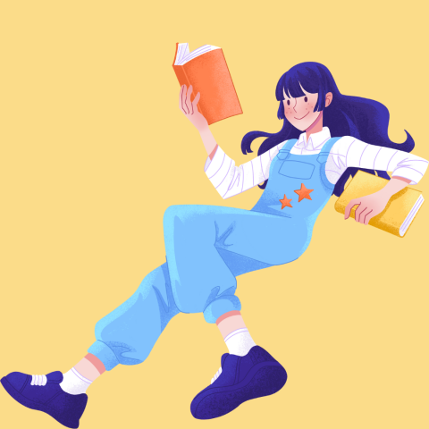 A person in blue overalls and a striped shirt holds an orange book in one hand and a yellow book in the other, with both books open.