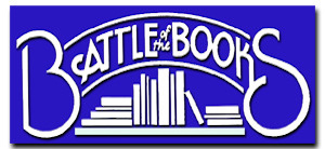 Logo for Battle of the Books featuring the words "Battle of the Books" in white stylized text over a blue background, with an illustration of stacked books below the text.