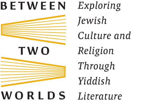 Logo for "Between Two Worlds: Exploring Jewish Culture and Religion Through Yiddish Literature" featuring abstract yellow book illustrations.