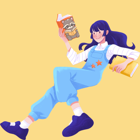 A person in blue overalls and a striped shirt holds a book with a racoon reading a book on the cover in one hand, and a yellow book in the other.
