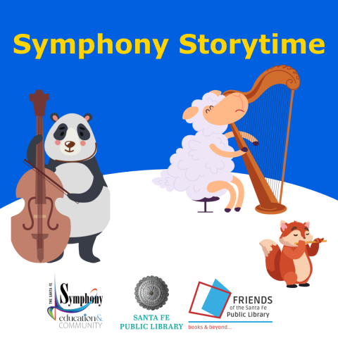 Symphony Storytime graphic features a panda playing a cello, a sheep playing a harp, and a fox playing a flute
