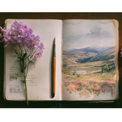 An art journal opened to a page with written journaling and a landscape painting of rolling hills with flowers. A spray of lavender flowers and a paintbrush lay on top of the journal.
