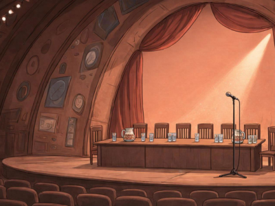 A stage with a long table set for a panel discussion, featuring a microphone, glasses, and a pitcher of drinks. Red curtains frame the scene, and framed pictures adorn the curved walls.