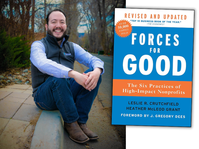  Portrait of Entrepreneur Louis Jeantete next to the book cover for 'Forces of Good' by Book by Heather McLeod Grant and Leslie R. Crutchfield.