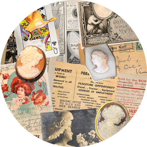 A collage of vintage ephemera including cameos, floral illustrations, and old photographs