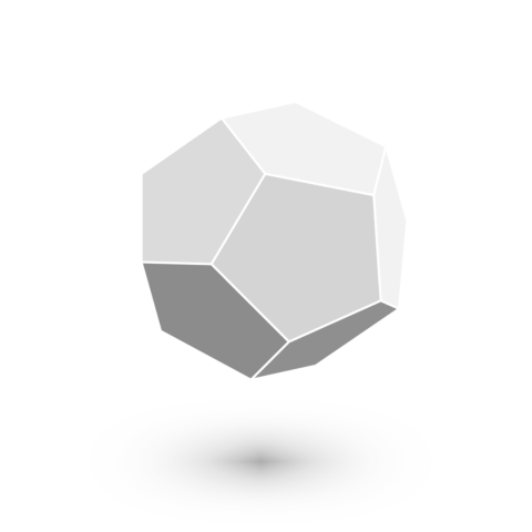 A three-dimensional dodecahedron with light gray and dark gray faces against a white background.
