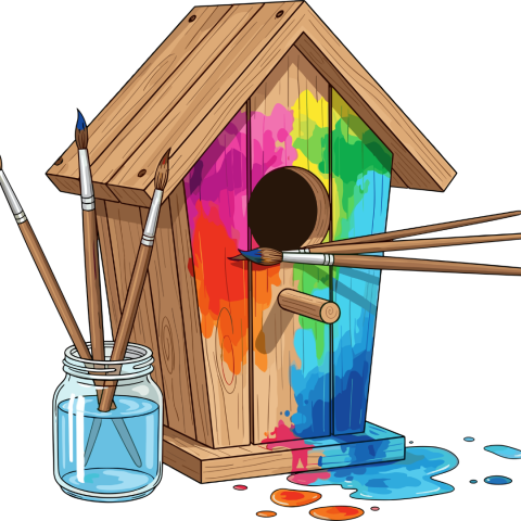A wooden birdhouse is being painted with bright, colorful paint splatters and drips, with paintbrushes and a jar of blue paint nearby.
