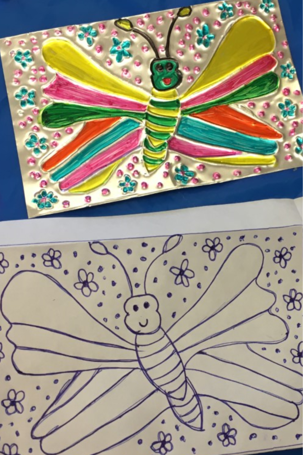 photograph of a sketch of an insect and the finished metal embossed version in color