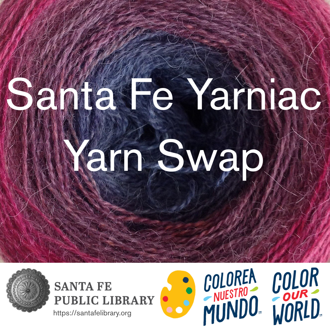 Spool of yarn overlaid with text "Santa Fe Yarniac Yarn Swap"