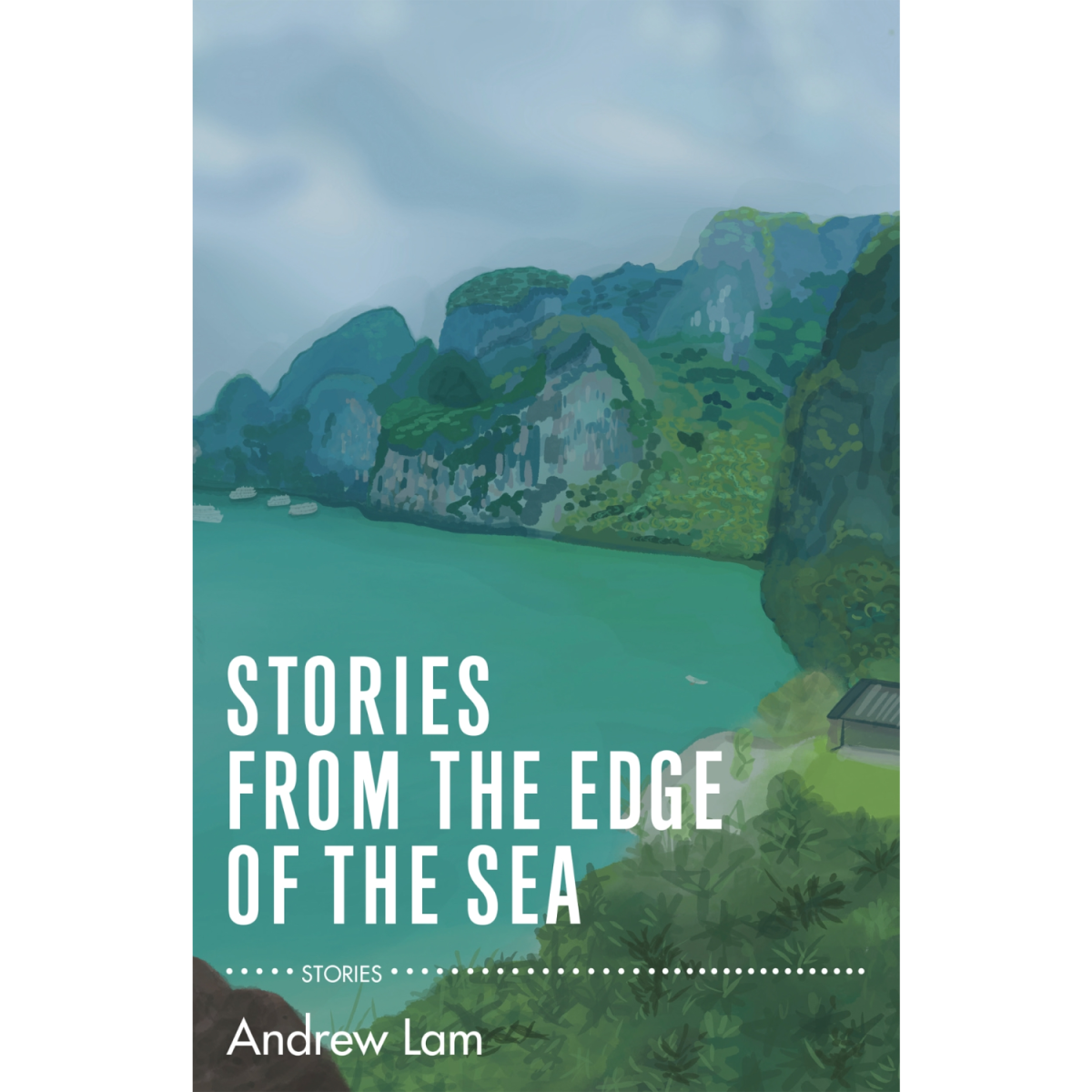 "Stories from the Edge of the Sea" book cover illustration of an ocean bay in blue and green tones