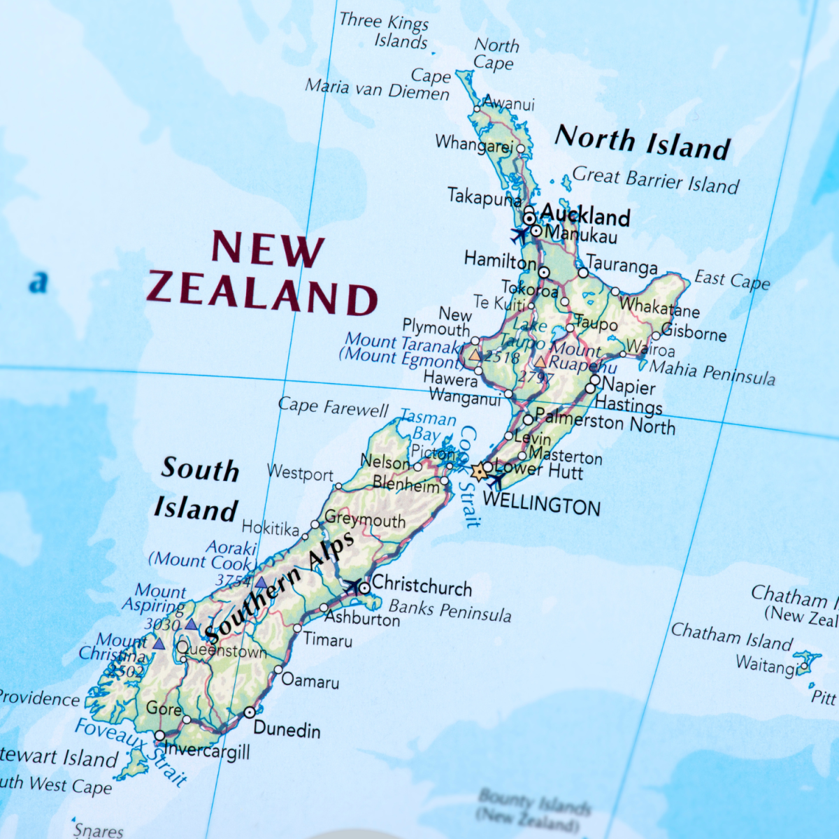 Close-up map showing New Zealand.