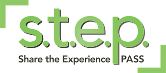 Green text logo reading 's.t.e.p. Share the Experience Pass' with green corner borders